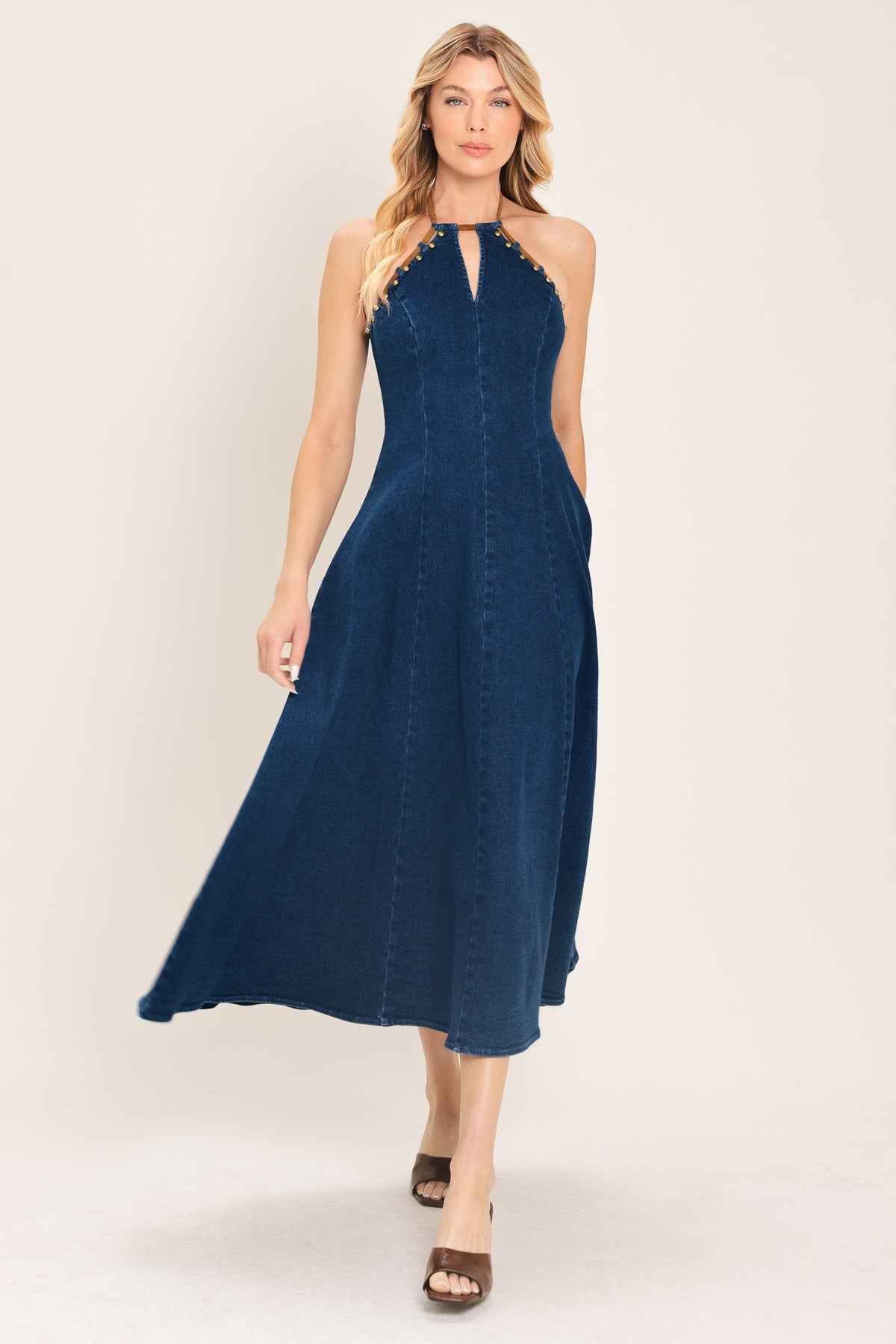 Flying Tomato Americana Belle Denim Midi Dress featuring a fitted bodice, denim fabric, and a midi-length silhouette.