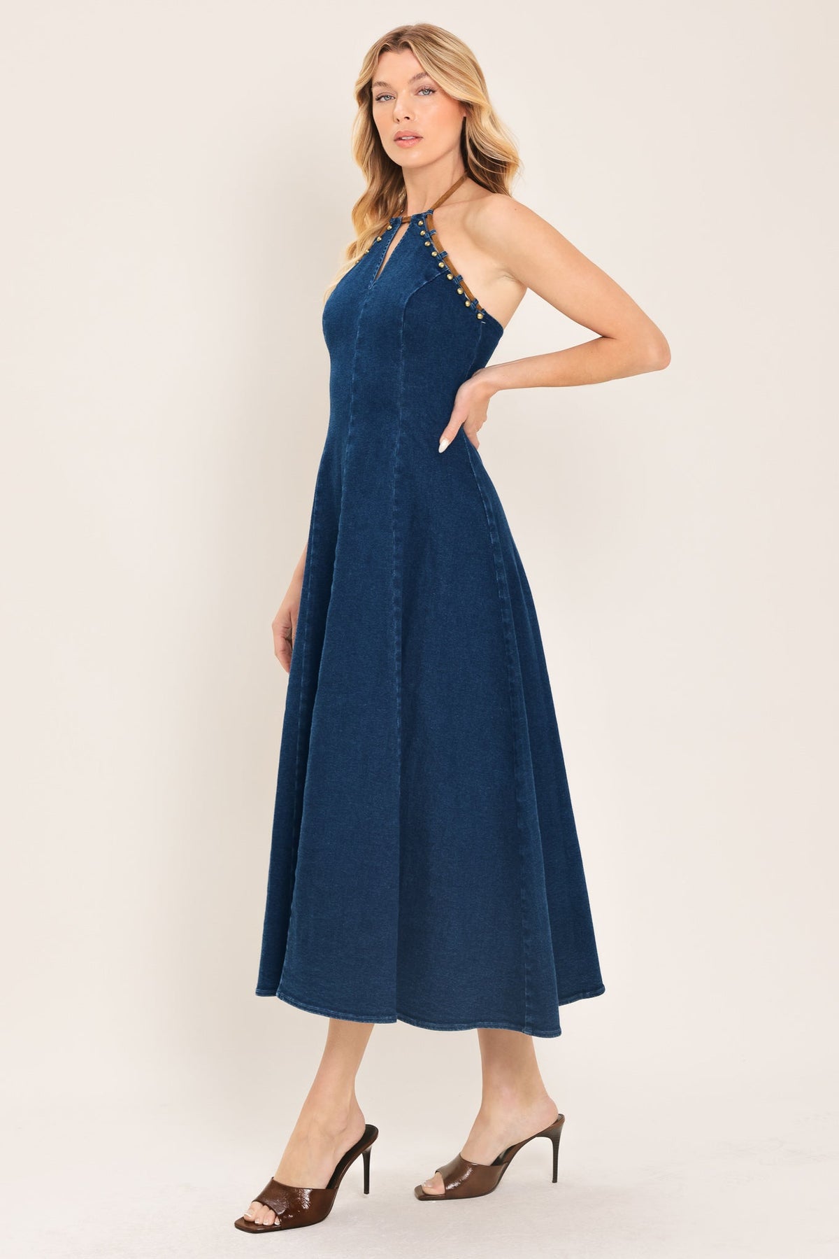 Flying Tomato Americana Belle denim midi dress in indigo denim, featuring a fitted waist and sleeveless design.