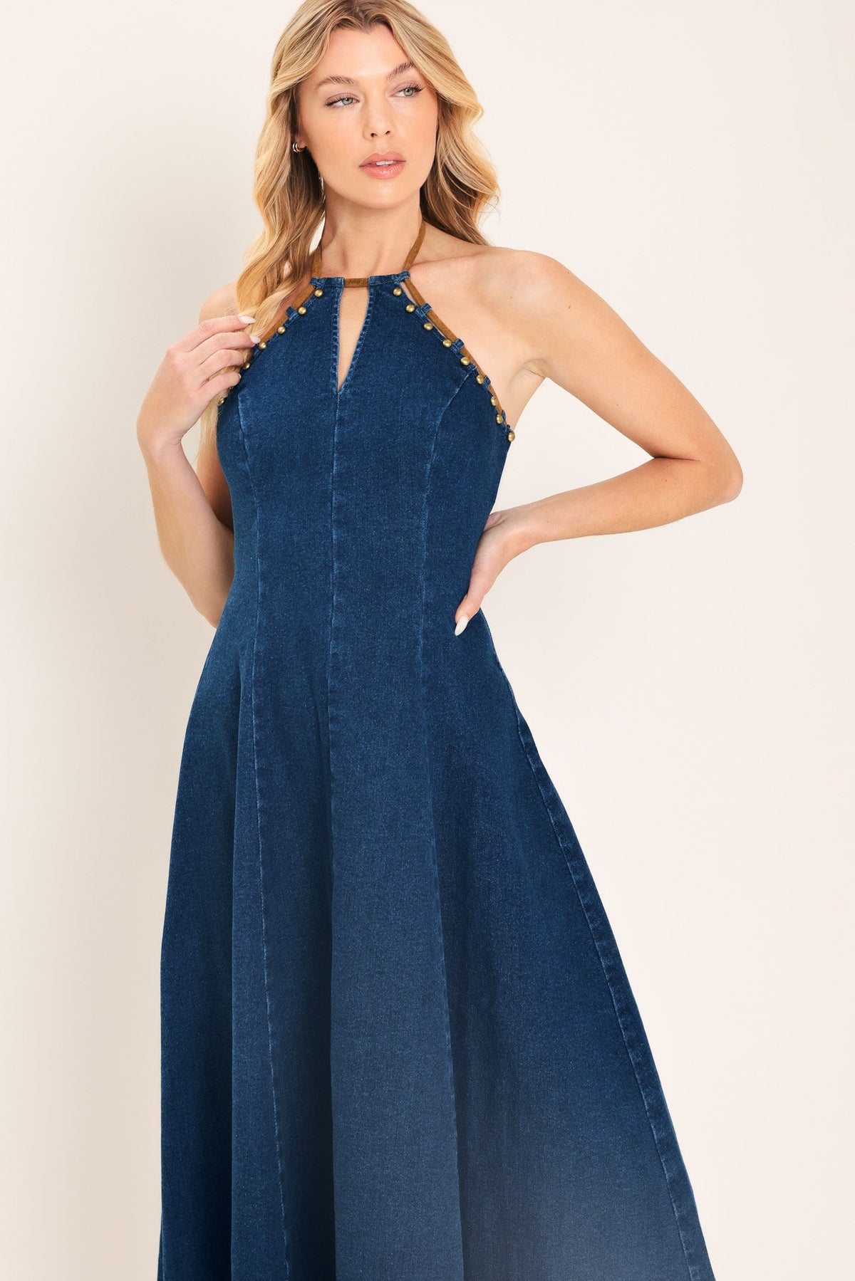 Flying Tomato Americana Belle denim midi dress in indigo denim, shown hanging with a fitted waist and classic midi length.