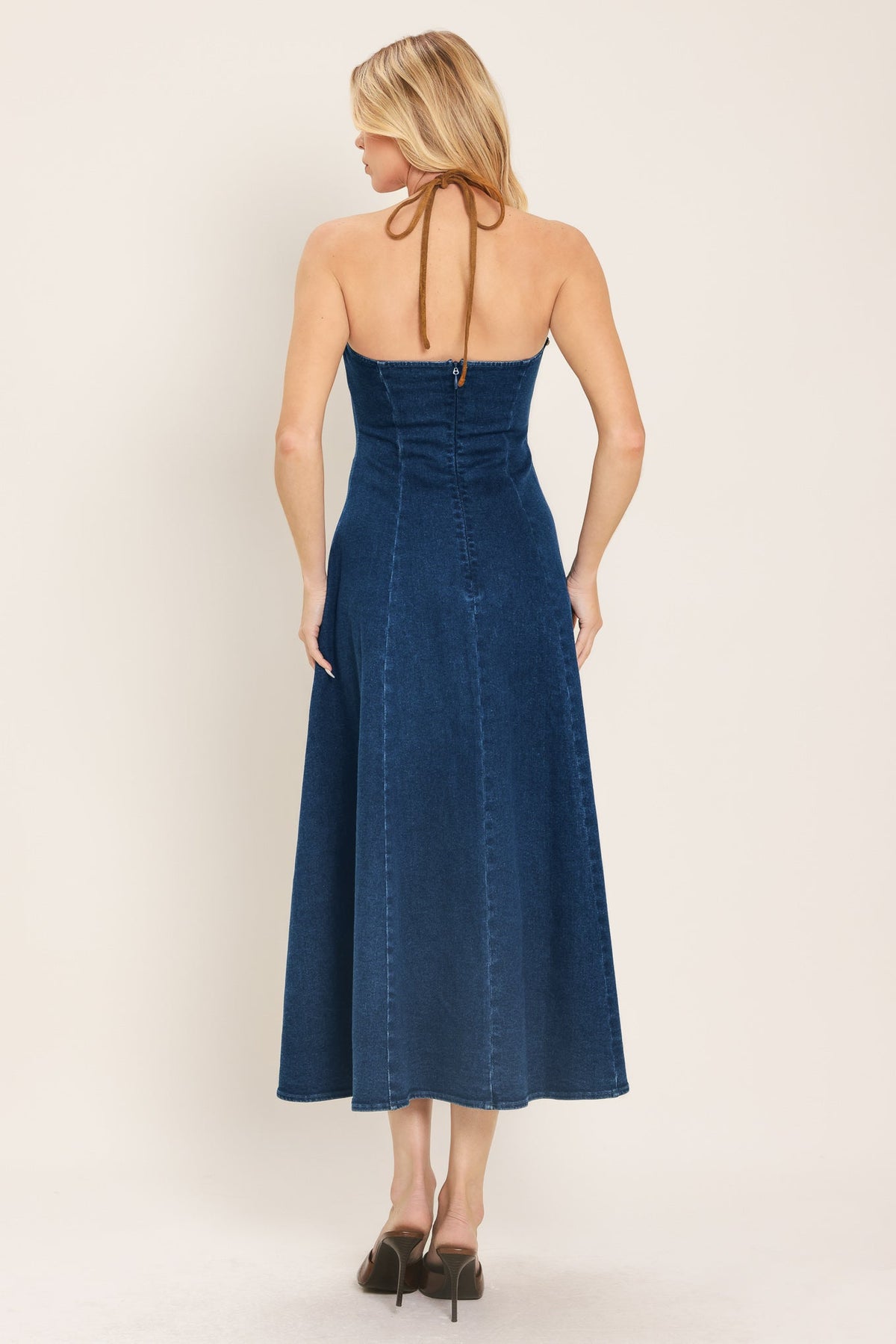 Flying Tomato Americana Belle denim midi dress featuring a classic indigo denim fabric and a relaxed fit.