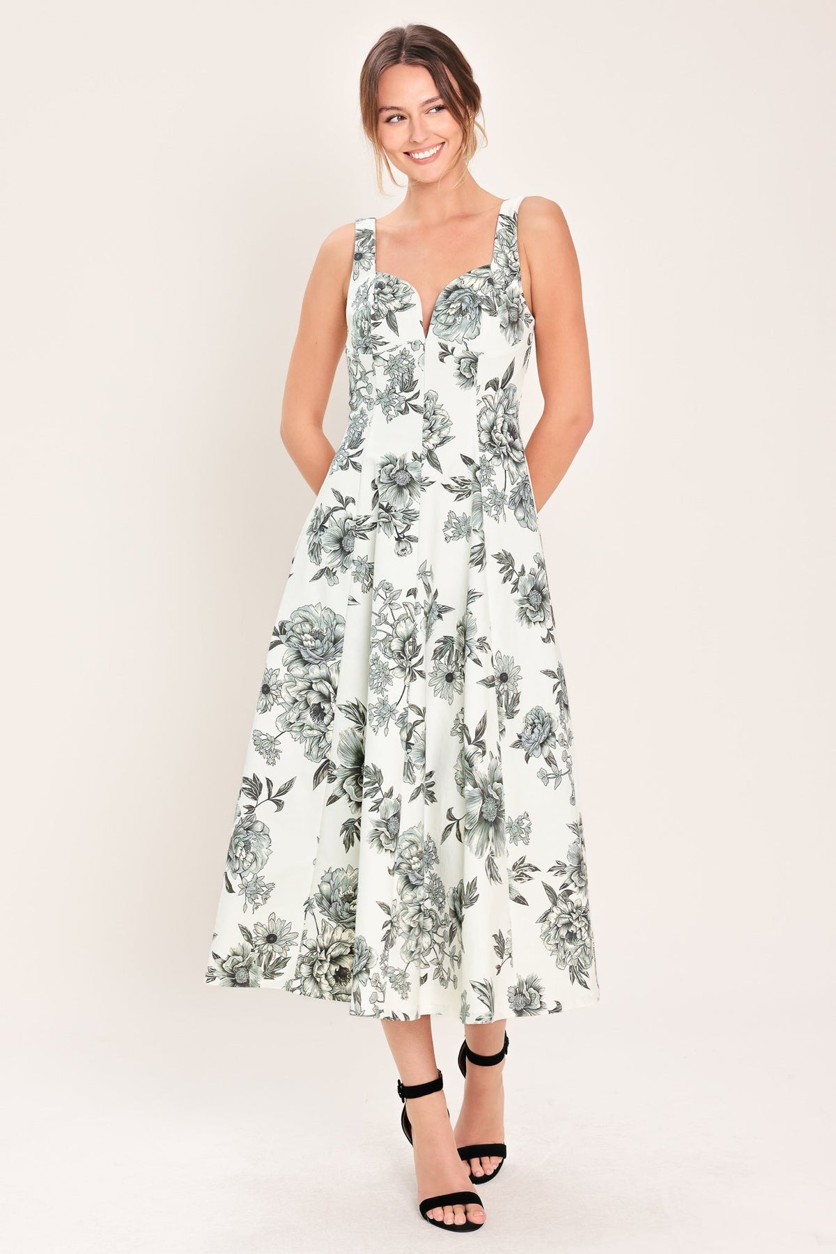 Flying Tomato Forever Young woven midi dress in cream and black with a relaxed fit and stylish pattern.