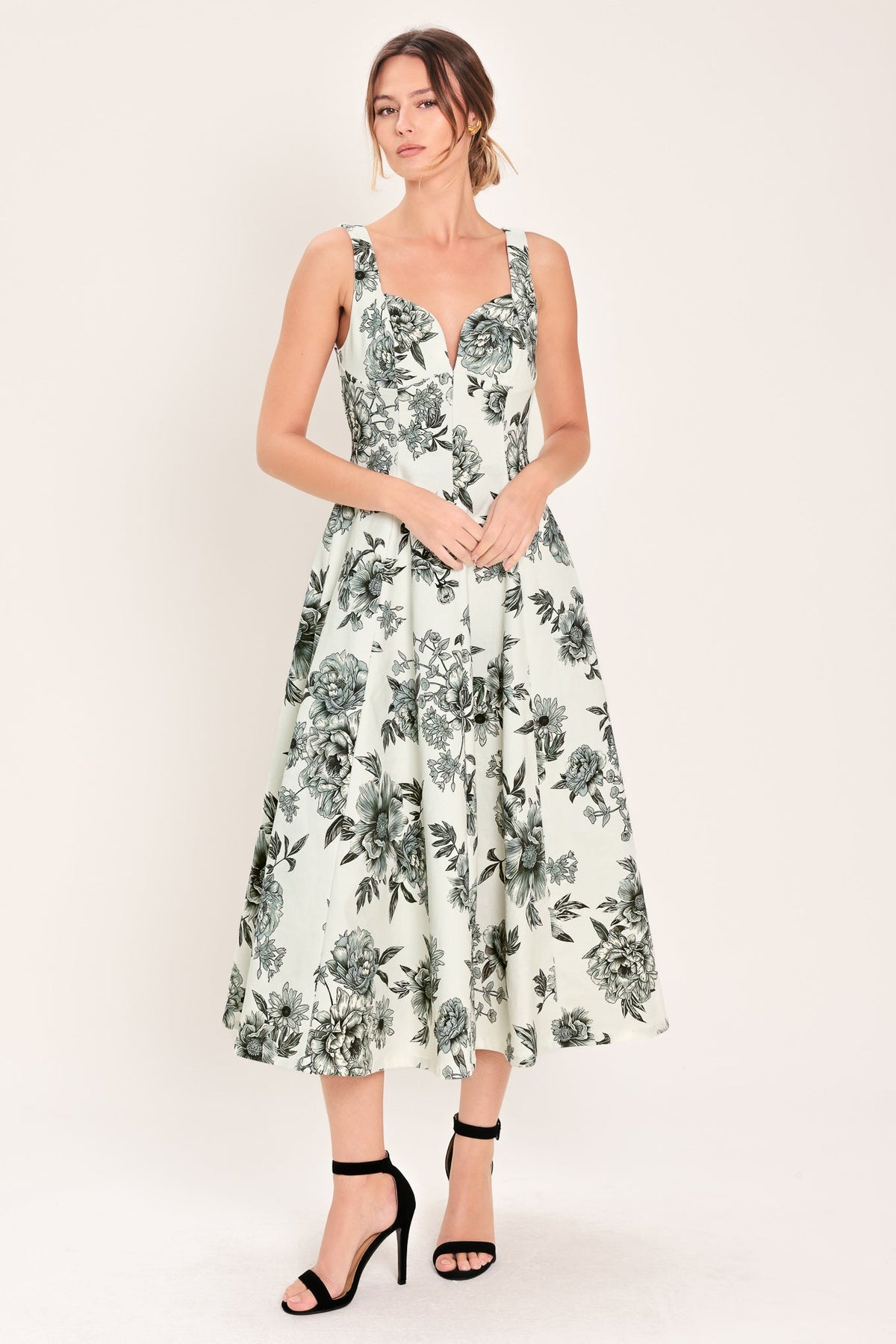 Flying Tomato Forever Young woven midi dress in cream and black, featuring a stylish, flowy silhouette and intricate woven fabric.