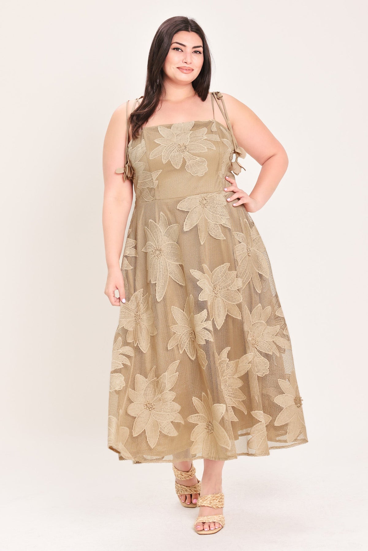 Flying Tomato Sandy Bloom floral woven lace midi dress in tan, featuring intricate lace details and a flowy, elegant design.