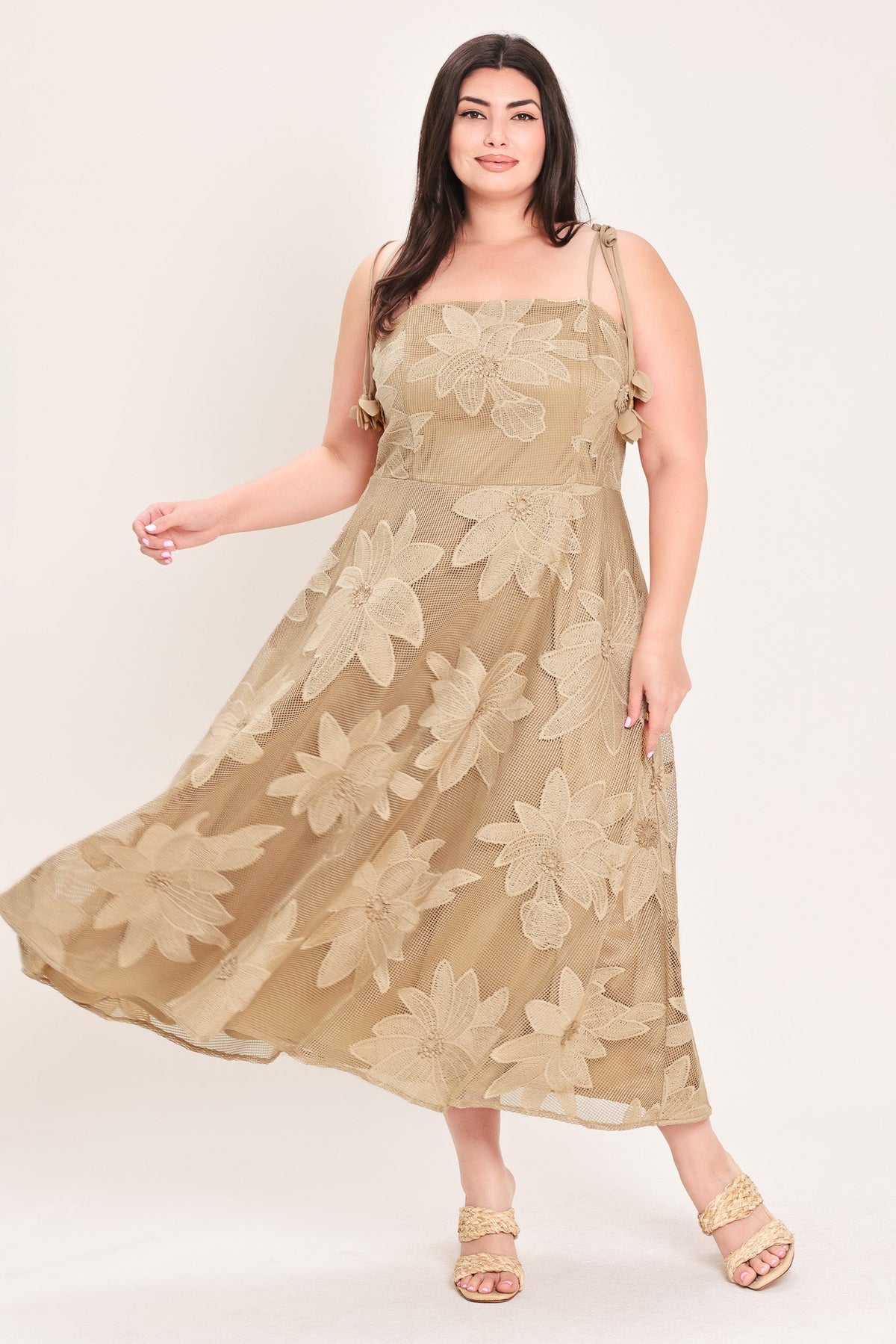 Flying Tomato Sandy Bloom floral woven lace midi dress in tan with intricate lace details and a flowing silhouette.