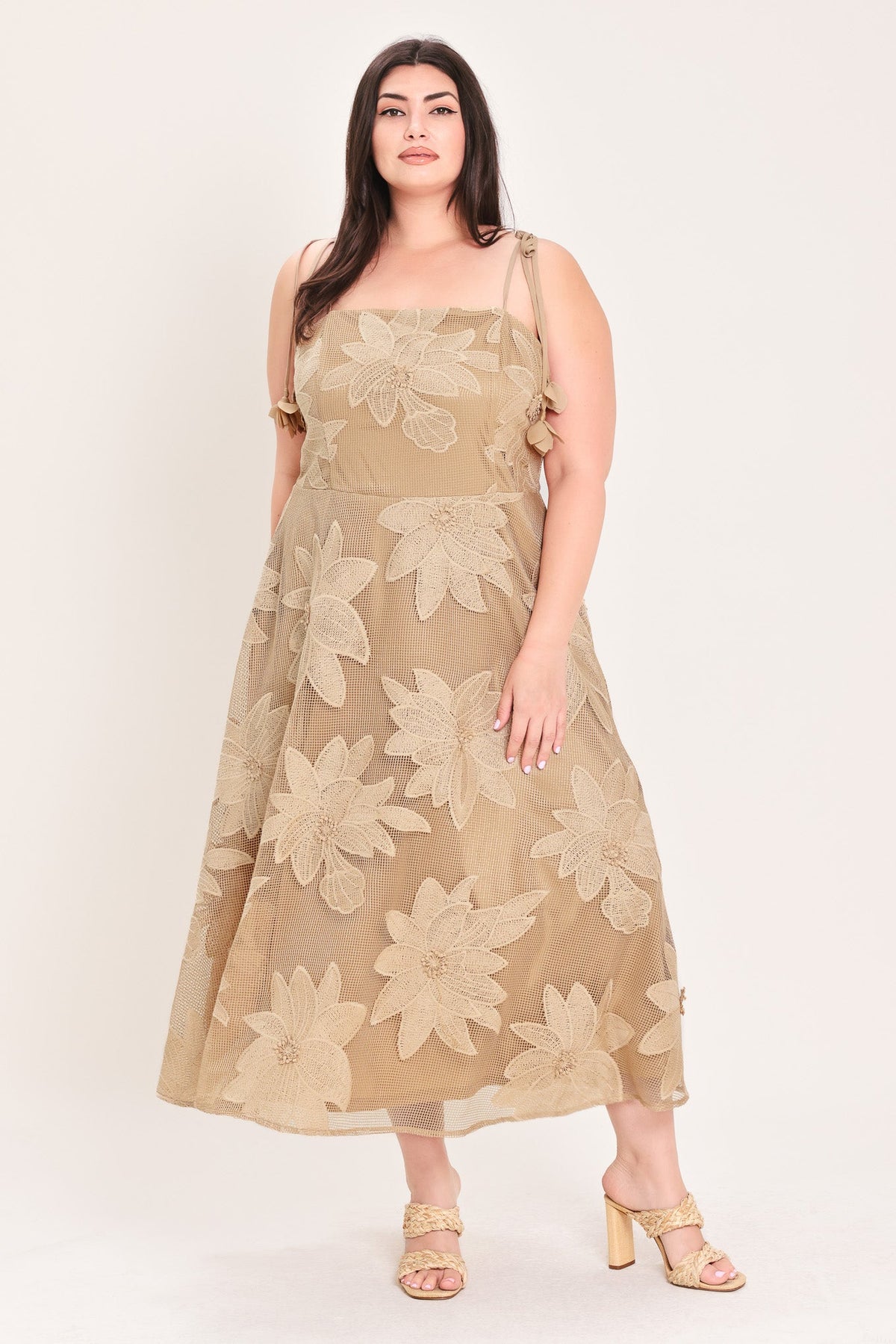 Flying Tomato Sandy Bloom floral woven lace midi dress in tan with intricate lace details and a flowing silhouette.