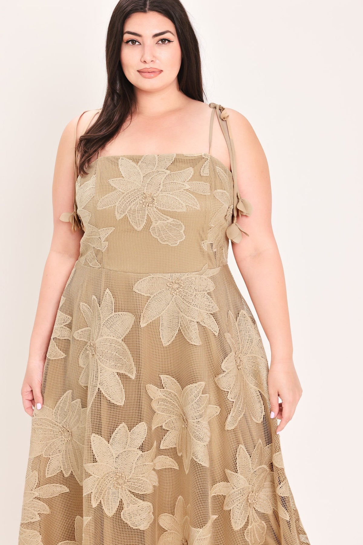 Flying Tomato Sandy Bloom floral woven lace midi dress in tan, featuring intricate lace details and a flowing silhouette.