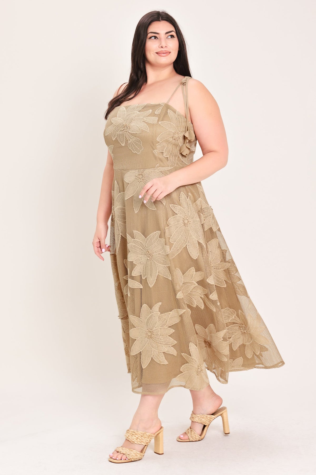 Flying Tomato Sandy Bloom floral woven lace midi dress in tan, featuring intricate lace details and a flowing silhouette.