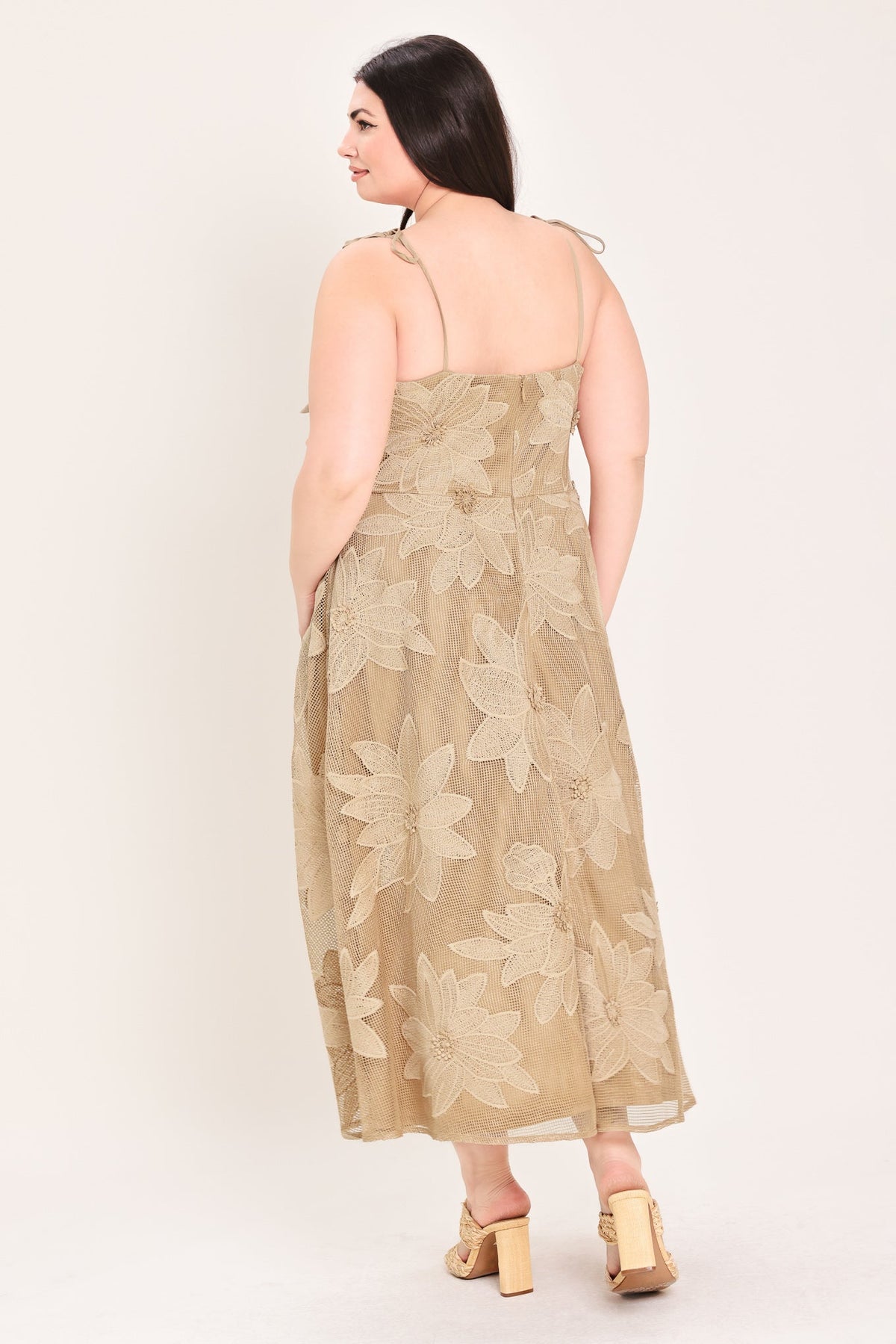 Flying Tomato Sandy Bloom floral woven lace midi dress in tan, featuring delicate lace details and a flowing silhouette.
