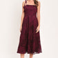 Flying Tomato Sandy Bloom floral woven lace midi dress in burgundy, featuring a fitted bodice and flowing skirt.