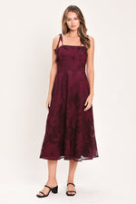 Flying Tomato Sandy Bloom floral woven lace midi dress in burgundy, featuring a fitted bodice and flowing skirt.