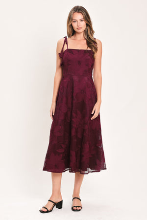 Flying Tomato Sandy Bloom floral woven lace midi dress in burgundy, featuring a fitted bodice and flowing skirt.