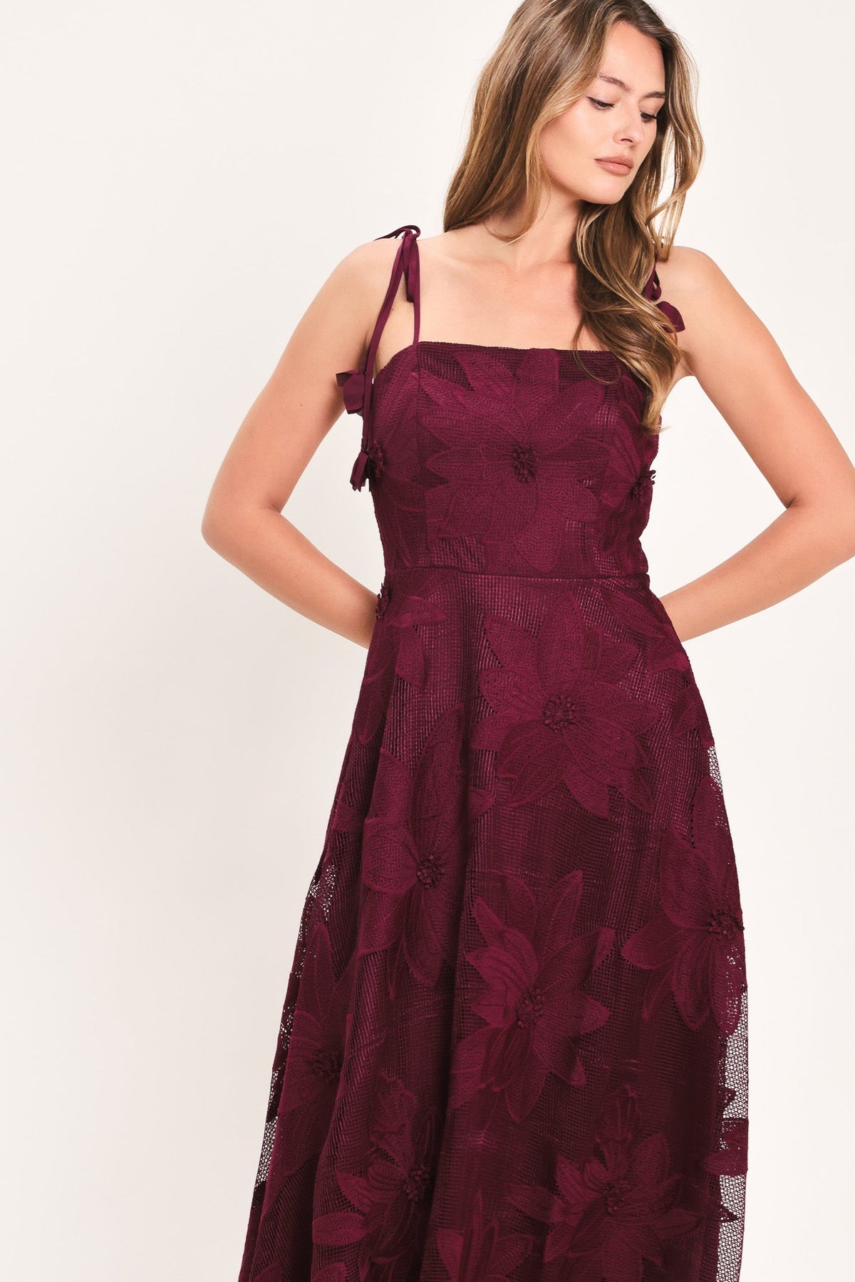 Flying Tomato Sandy Bloom floral woven lace midi dress in burgundy, featuring intricate lace details and a flowing silhouette.