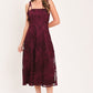 Flying Tomato Sandy Bloom floral woven lace midi dress in burgundy with intricate lace details and a flowing silhouette.