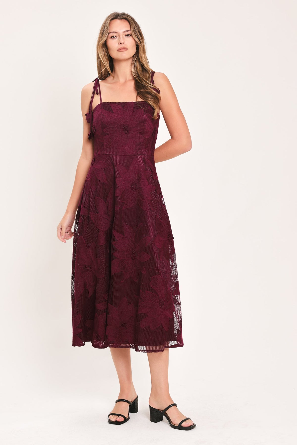 Flying Tomato Sandy Bloom floral woven lace midi dress in burgundy with intricate lace details and a flowing silhouette.