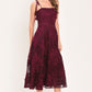Flying Tomato Sandy Bloom floral woven lace midi dress in burgundy, featuring intricate lace details and a flowing silhouette.