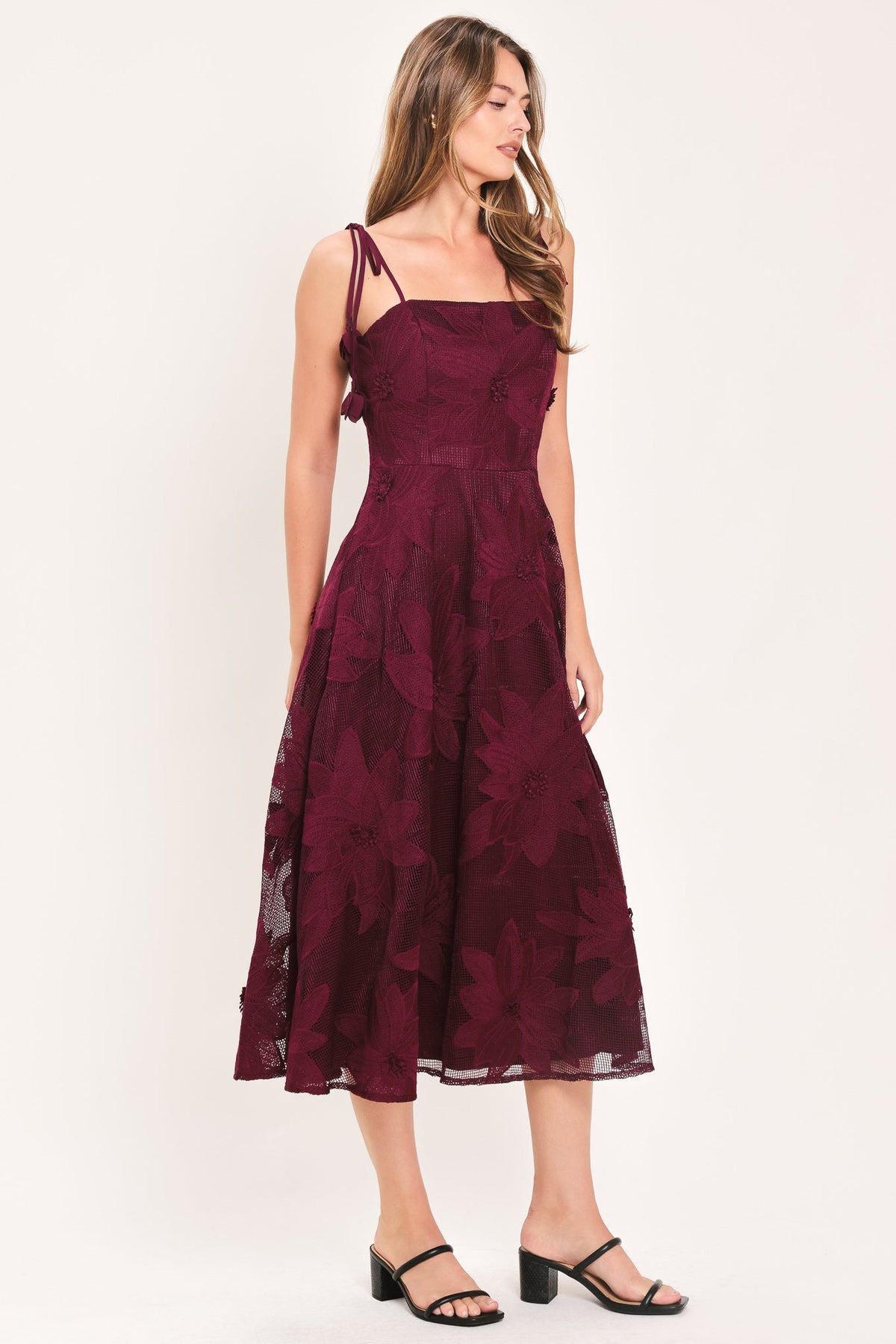 Flying Tomato Sandy Bloom floral woven lace midi dress in burgundy, featuring intricate lace details and a flowing silhouette.
