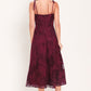 Flying Tomato Sandy Bloom floral woven lace midi dress in burgundy, featuring intricate lace details and a flowing silhouette.