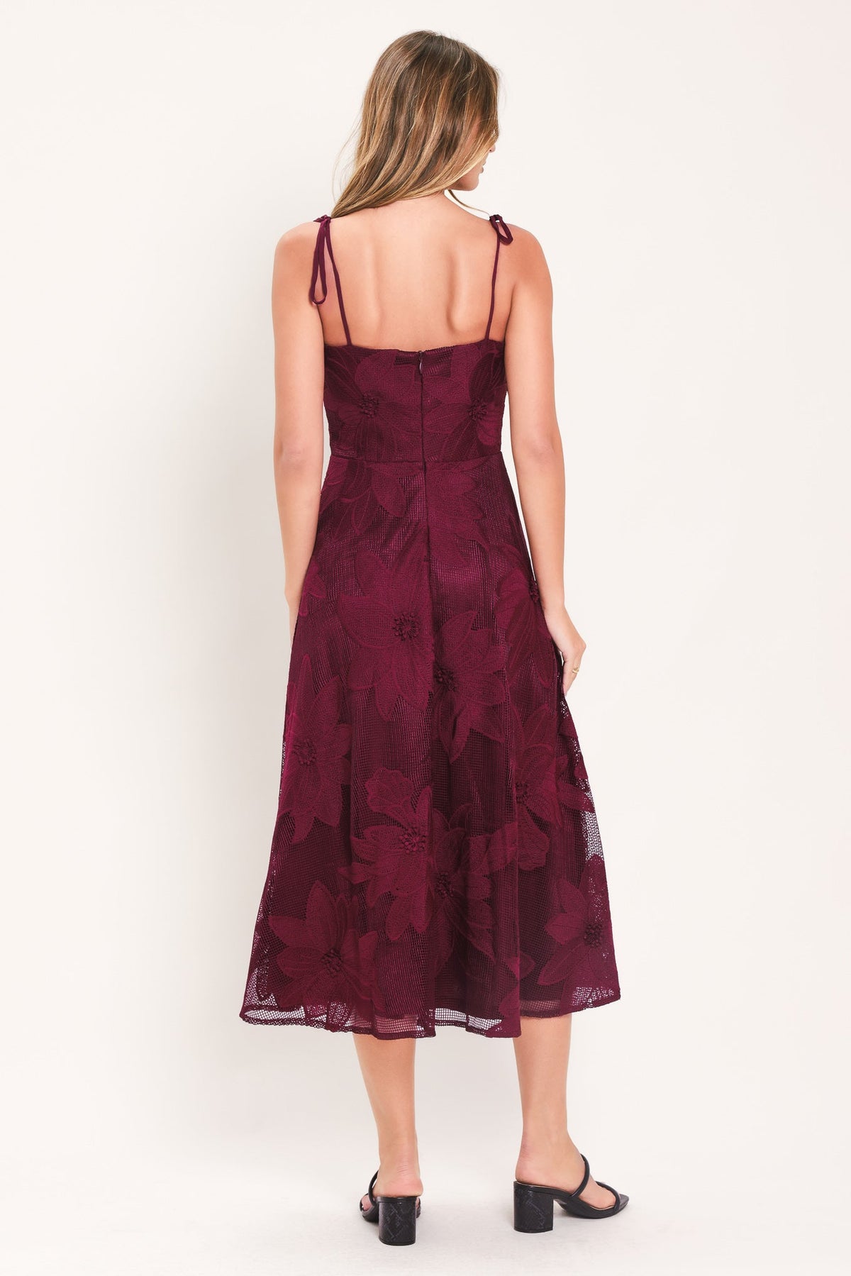 Flying Tomato Sandy Bloom floral woven lace midi dress in burgundy, featuring intricate lace details and a flowing silhouette.