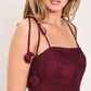 Flying Tomato Sandy Bloom floral woven lace midi dress in burgundy, featuring intricate lace details and a flowing silhouette.