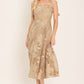 Flying Tomato Sandy Bloom floral woven lace midi dress in tan, featuring intricate lace details and a flowing silhouette.
