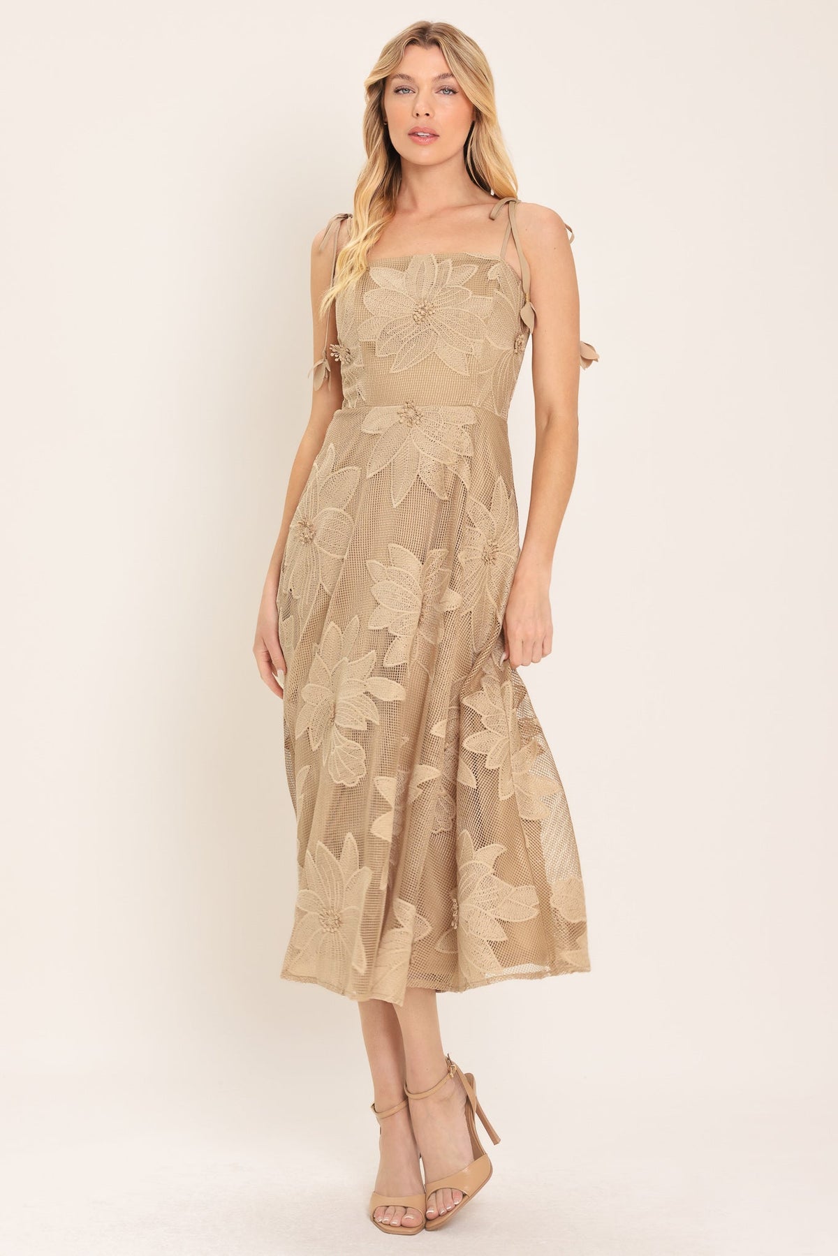 Flying Tomato Sandy Bloom floral woven lace midi dress in tan, featuring intricate lace details and a flowing silhouette.