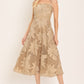 Flying Tomato Sandy Bloom floral woven lace midi dress in tan, featuring a fitted bodice and flowy skirt.