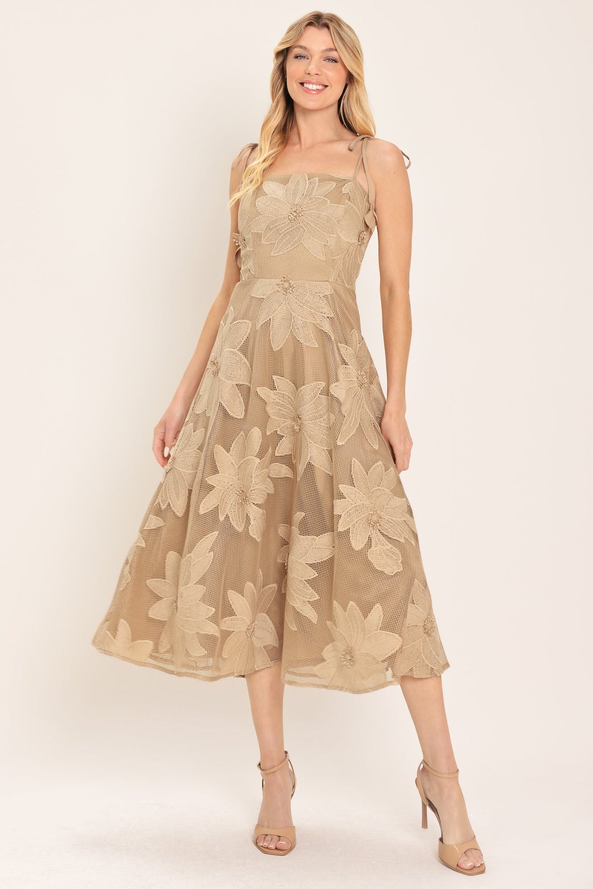 Flying Tomato Sandy Bloom floral woven lace midi dress in tan, featuring a fitted bodice and flowy skirt.