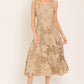 Flying Tomato Sandy Bloom floral woven lace midi dress in tan, featuring intricate lace details and a flowing silhouette.