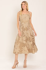 Flying Tomato Sandy Bloom floral woven lace midi dress in tan, featuring intricate lace details and a flowing silhouette.