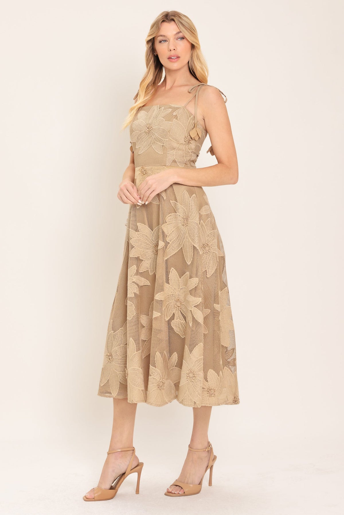 Flying Tomato Sandy Bloom floral woven lace midi dress in tan, featuring intricate lace details and a flattering silhouette.
