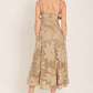 Flying Tomato Sandy Bloom floral woven lace midi dress in tan color, featuring intricate lace details and a flowing silhouette.