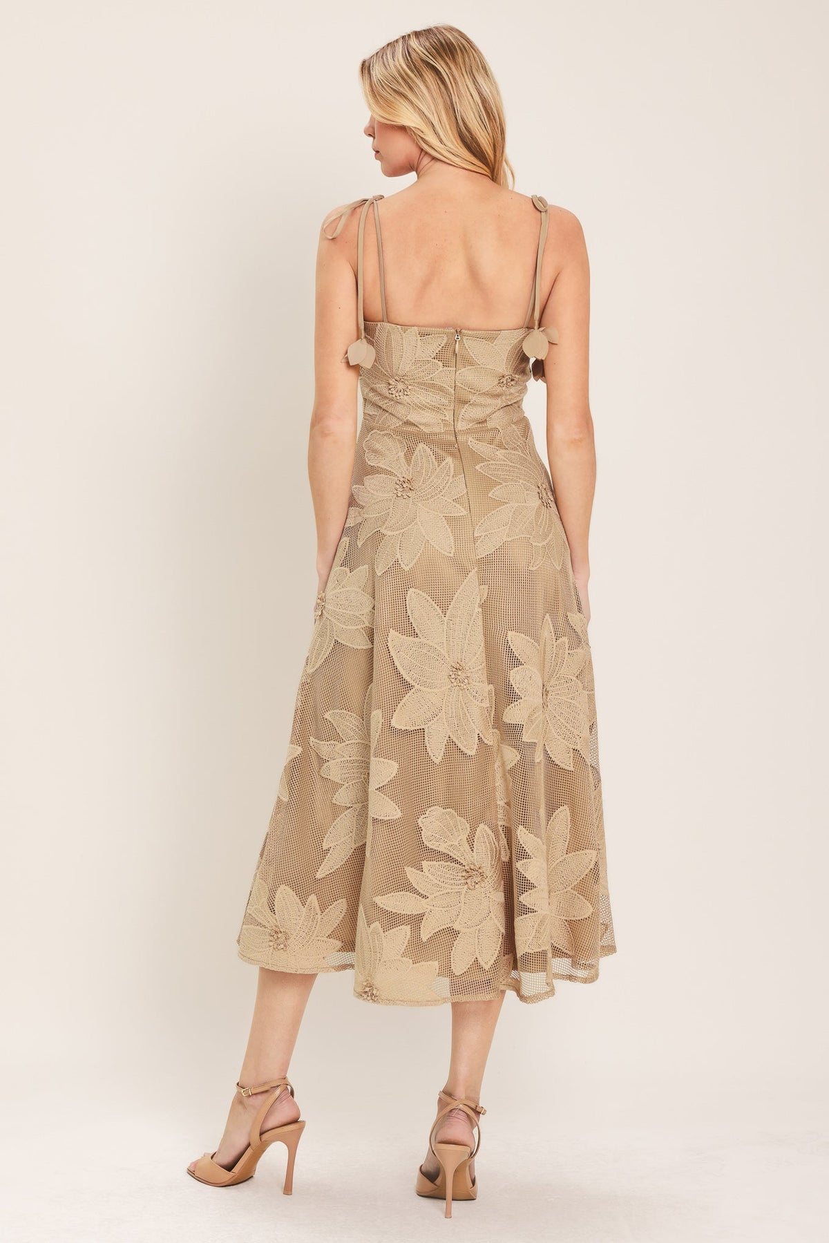 Flying Tomato Sandy Bloom floral woven lace midi dress in tan color, featuring intricate lace details and a flowing silhouette.