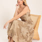 Flying Tomato Sandy Bloom floral woven lace midi dress in tan, featuring intricate lace details and a flowing silhouette.