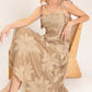 Flying Tomato Sandy Bloom floral woven lace midi dress in tan color, featuring intricate lace details and a flowing silhouette.
