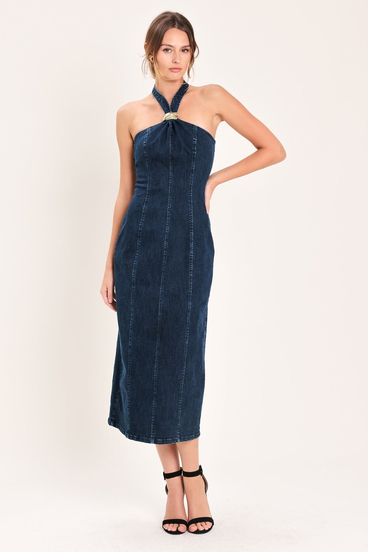 Flying Tomato dark indigo denim midi dress with statement design, sleeveless fit, and button-down front.
