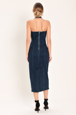 Dark indigo Flying Tomato statement denim midi dress with fitted bodice and flared skirt, displayed on a hanger.