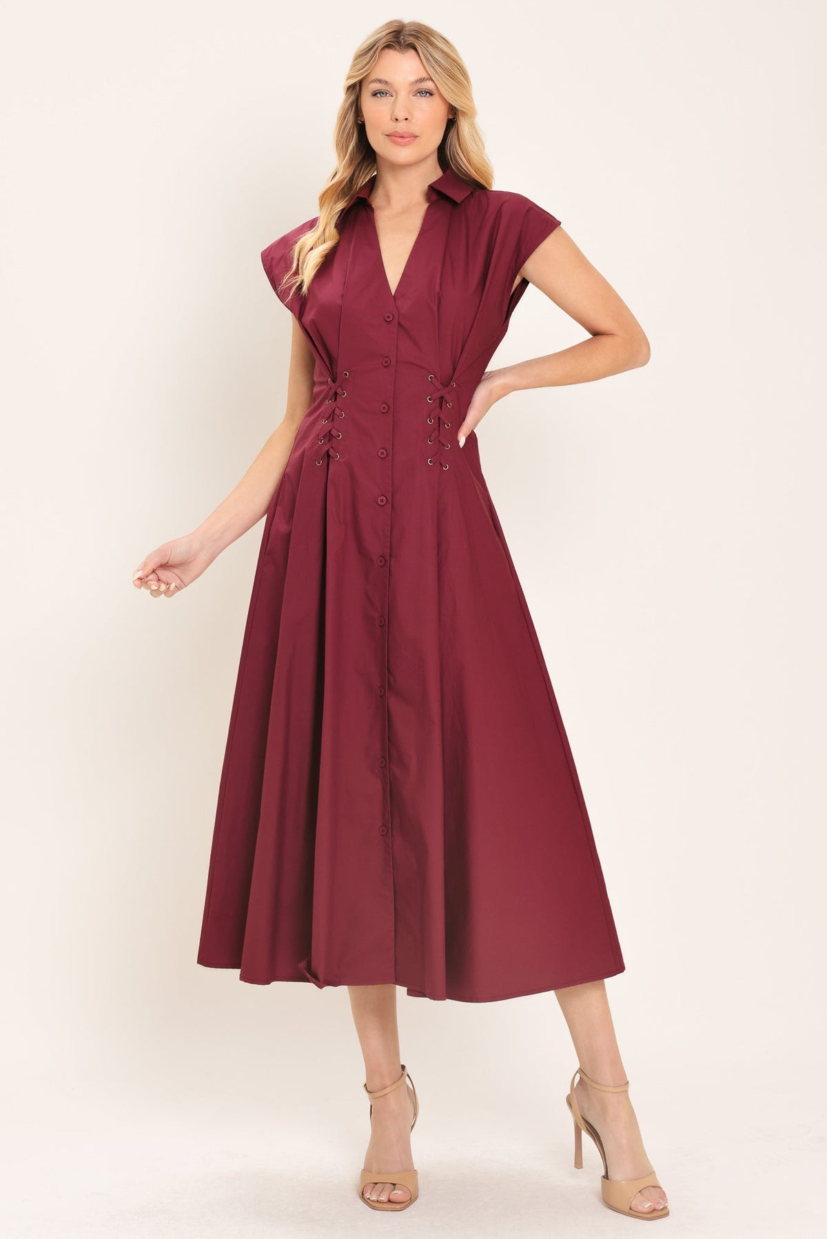Flying Tomato Cabernet Charm woven midi dress in burgundy, featuring a stylish and comfortable design with a flowy silhouette.