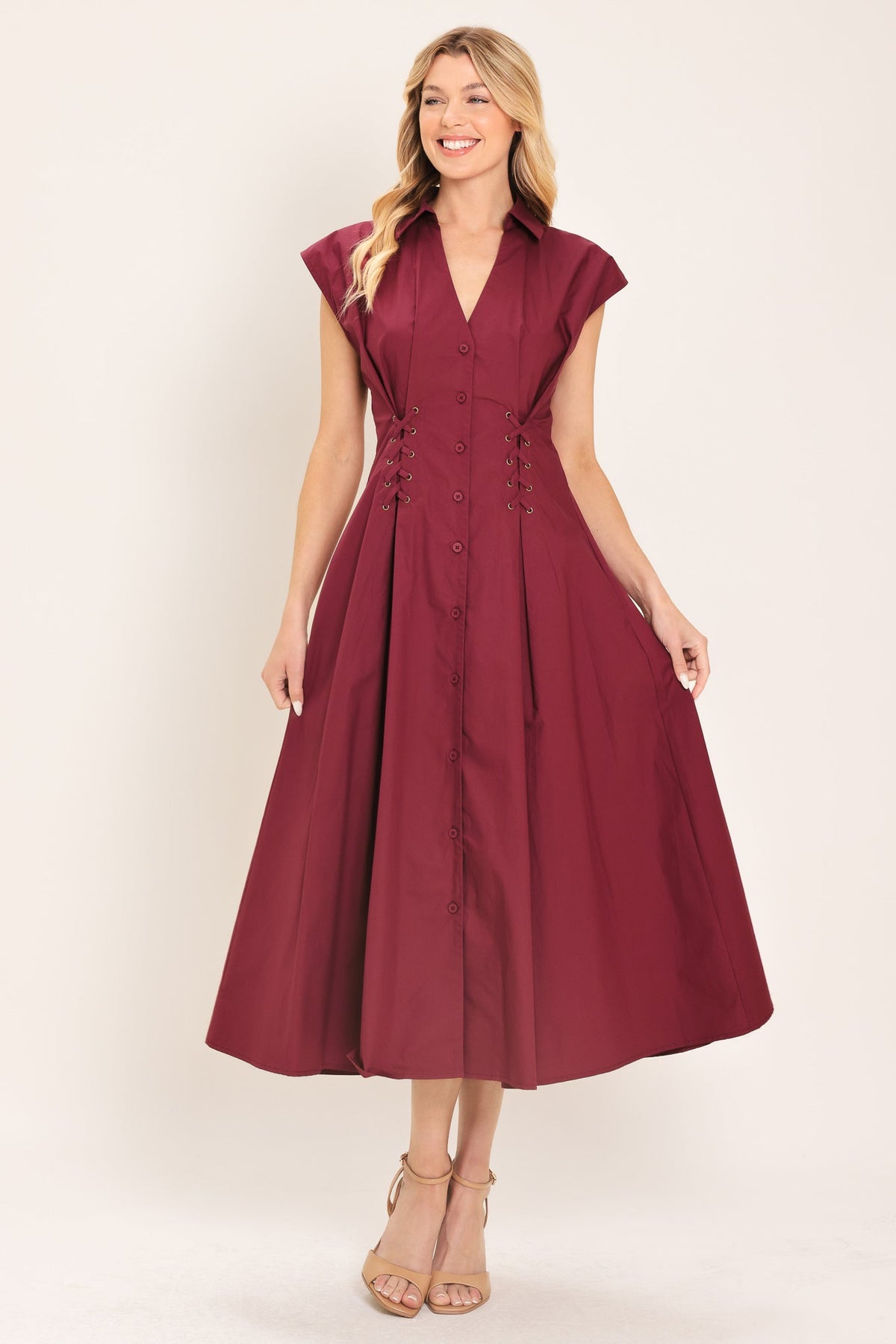 Flying Tomato Cabernet Charm woven midi dress in burgundy, showcasing a stylish knee-length dress with intricate woven details.