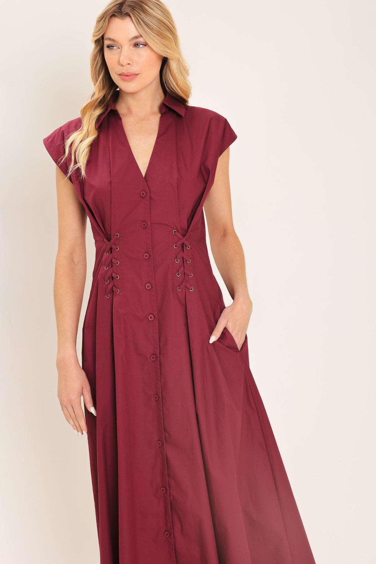 Flying Tomato Cabernet Charm woven midi dress in burgundy, showcasing a stylish, flowy design with intricate woven details.