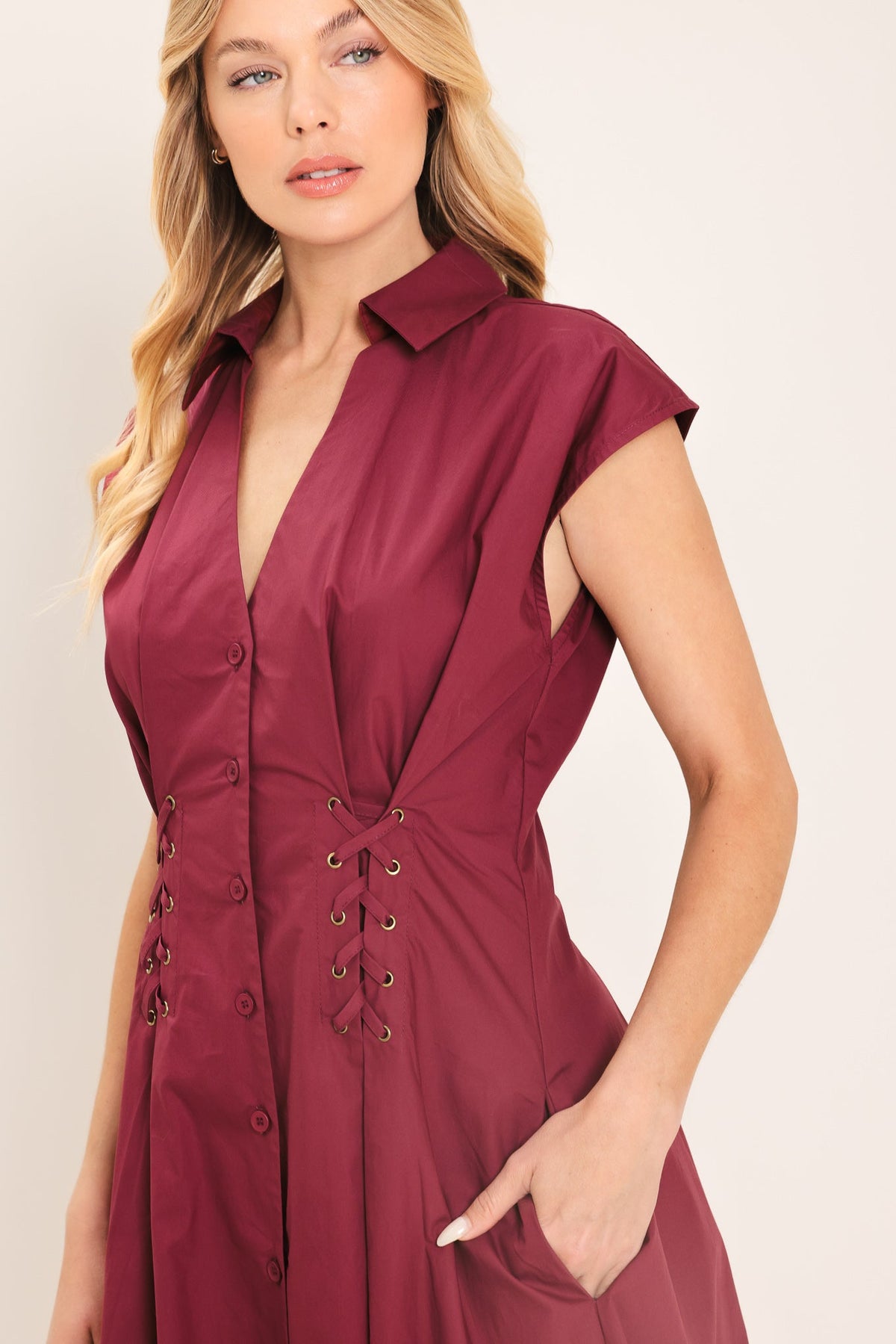 Flying Tomato Cabernet Charm woven midi dress in burgundy, featuring a stylish, textured fabric and elegant midi length.