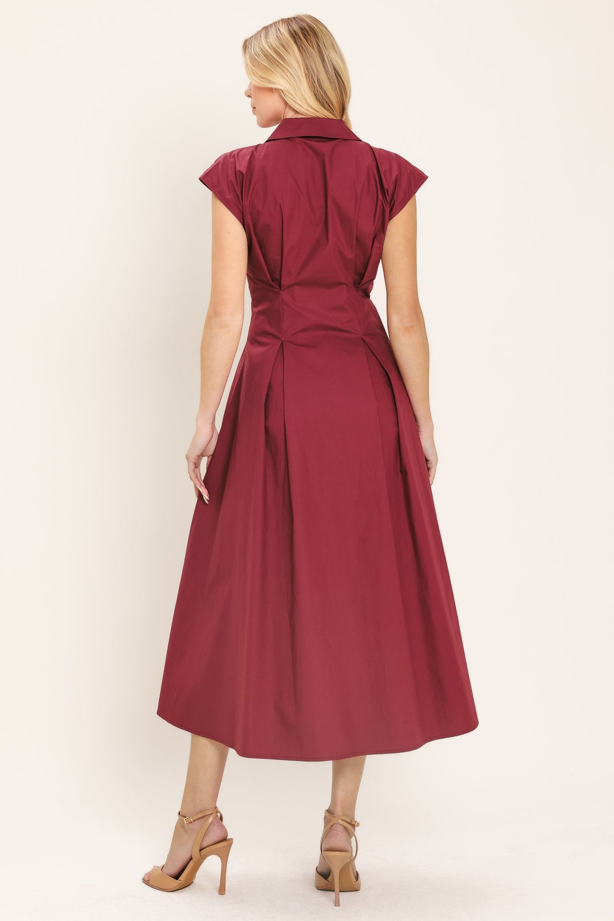 Flying Tomato Cabernet Charm woven midi dress in burgundy, featuring a flowing fabric and elegant design, perfect for stylish occasions.