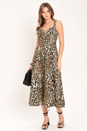 Flying Tomato Desert Rose Leopard woven midi dress featuring a leopard print pattern and lightweight fabric.