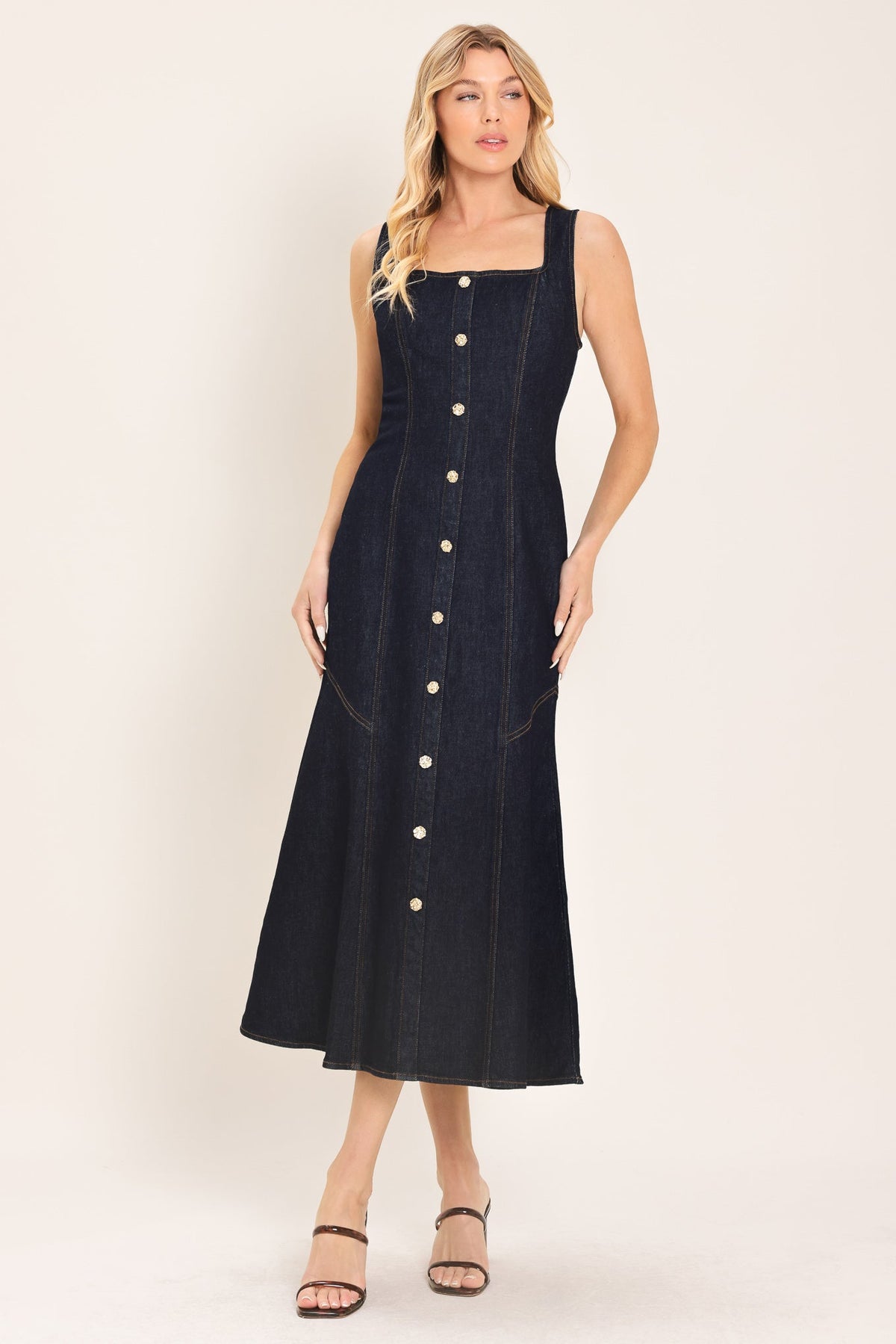 Dark indigo Chelsea denim midi dress by Flying Tomato, featuring a fitted waist and classic denim texture.