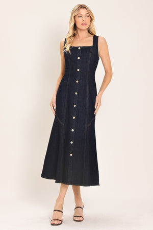 Dark indigo Chelsea denim midi dress by Flying Tomato, featuring a fitted waist and classic denim texture.