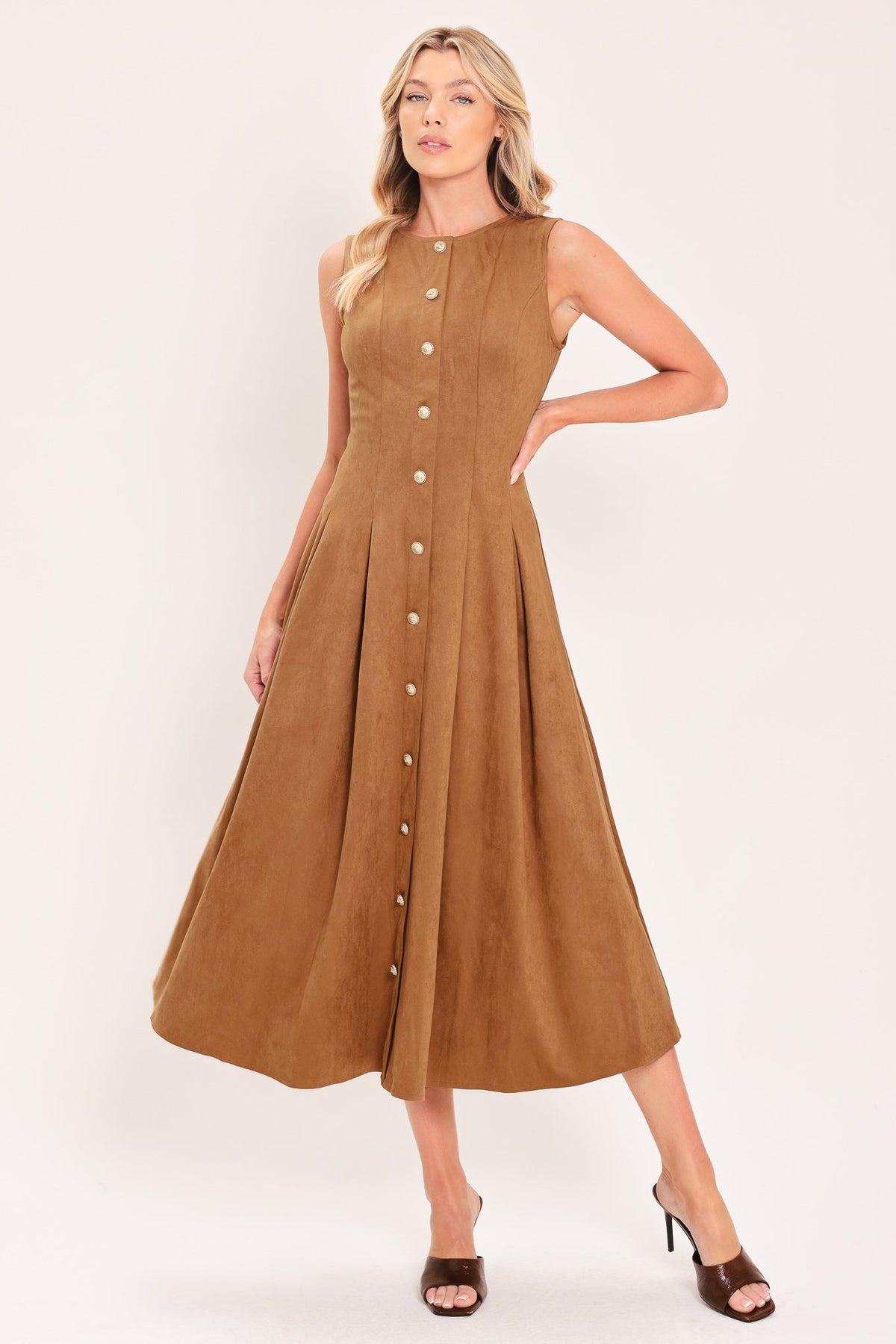 Flying Tomato saddle suede swing midi dress in camel, featuring a fitted bodice and flowing skirt, perfect for casual or semi-formal wear.