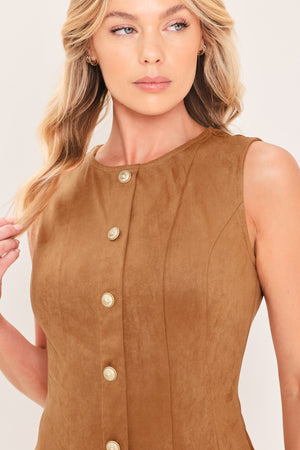 Flying Tomato Saddle Suede Swing Faux Suede Midi Dress in camel, with a flowing silhouette and sleeveless design.