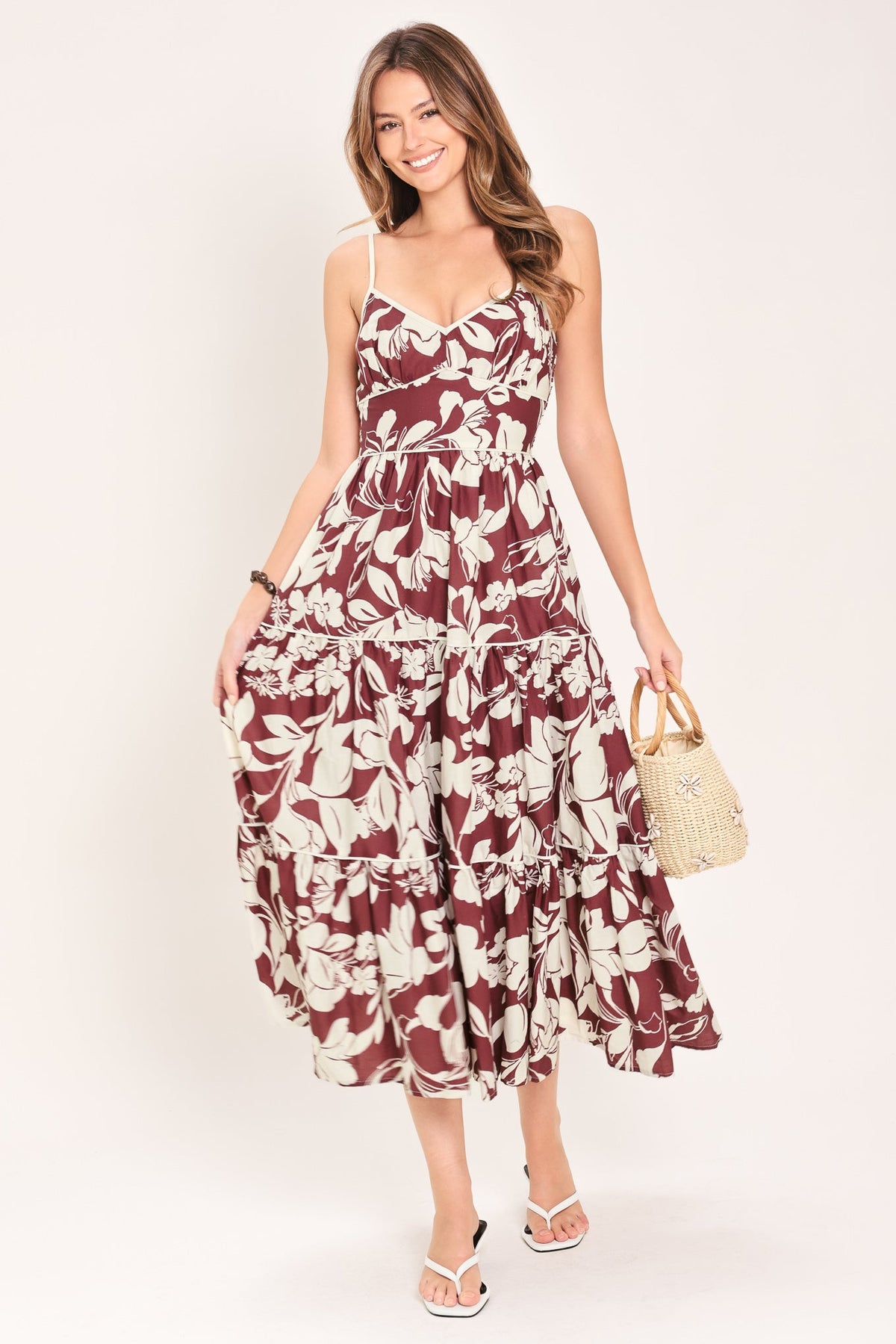 Maroon woven midi dress by Flying Tomato featuring a romantic floral pattern and elegant silhouette.
