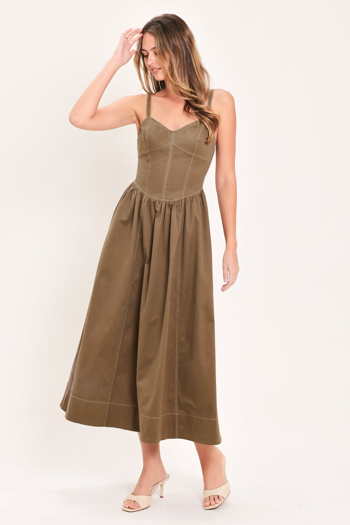 Flying Tomato Prairie Heart Ballad woven midi dress in brown, featuring a flattering silhouette and intricate woven details.
