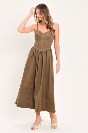 Flying Tomato Prairie Heart Ballad woven midi dress in brown, featuring a flattering silhouette and intricate woven details.