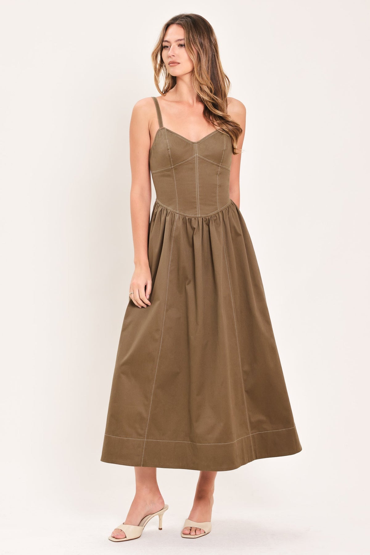 Flying Tomato Prairie Heart Ballad woven midi dress in brown, featuring a flowy, bohemian style with intricate detailing.